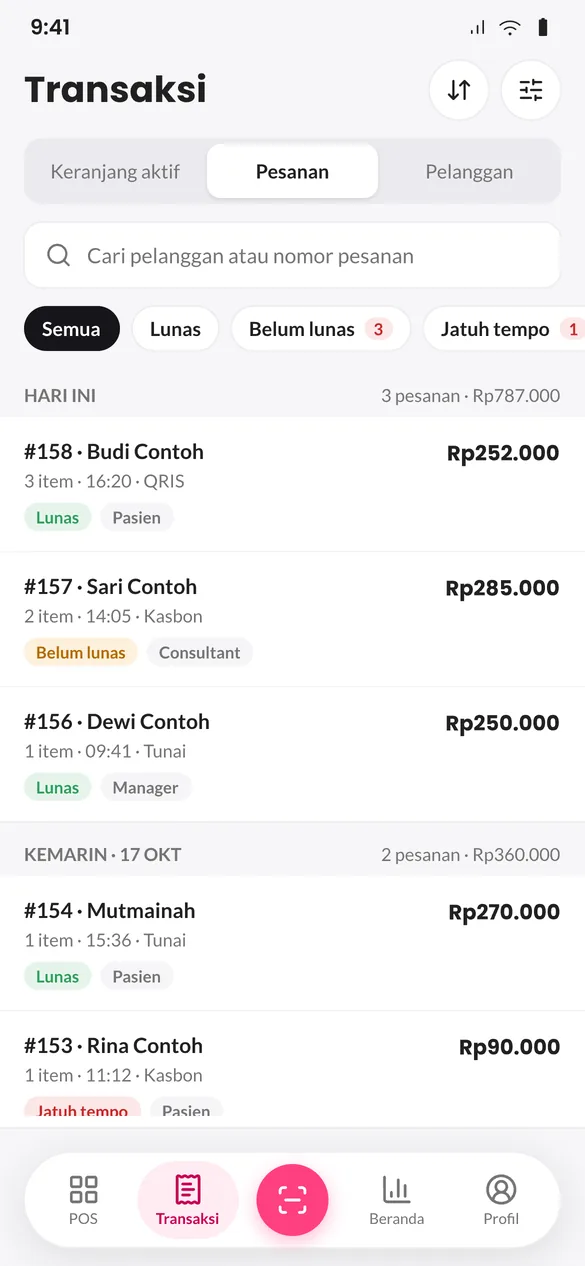 Daftar transaksi di aplikasi POS